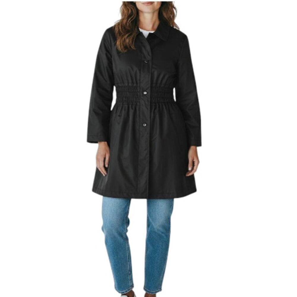 J. JILL Packable Trench Rain Coat Women L Black Smocked Grunge Boho Feminine Y2K
